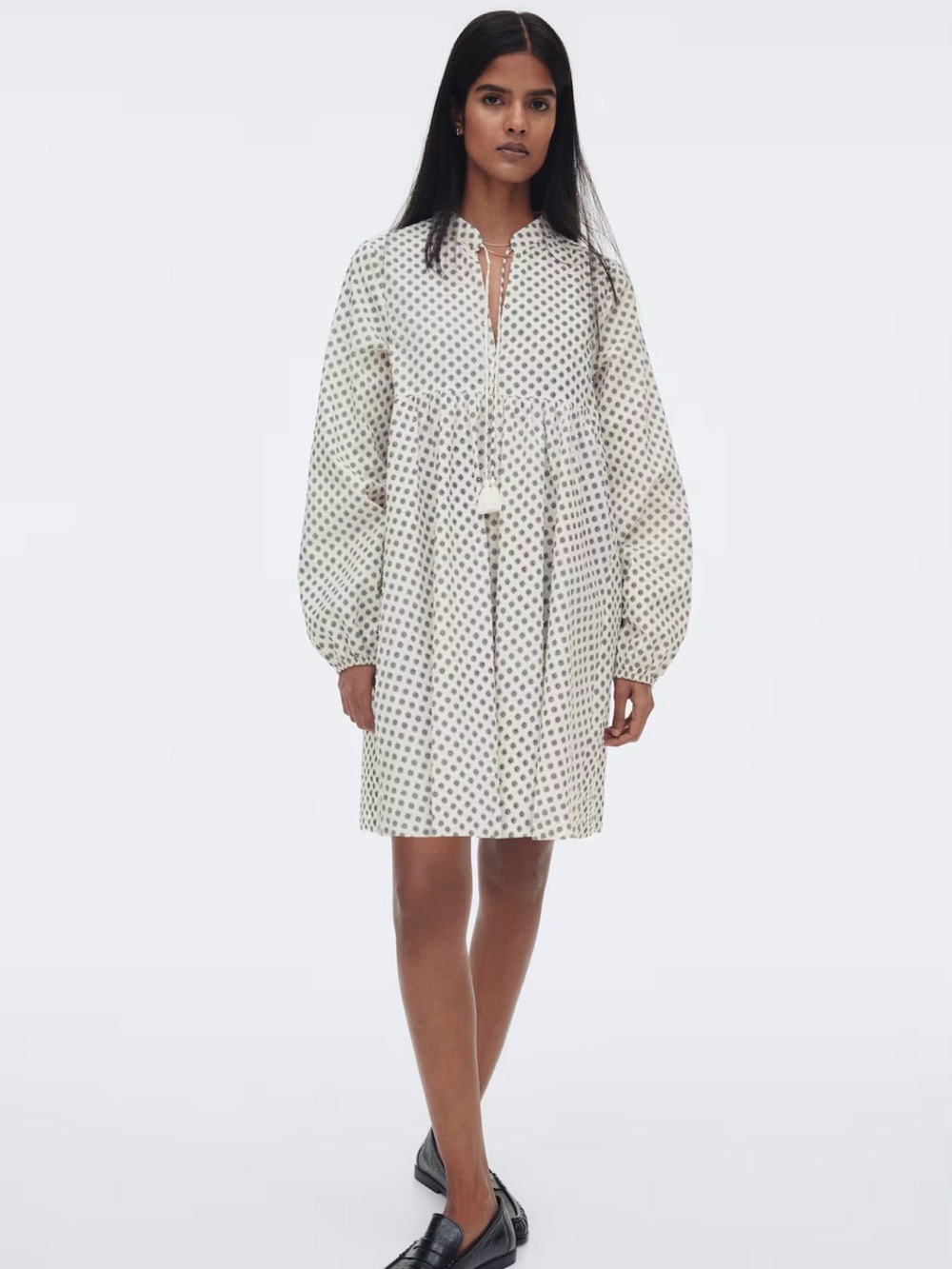 NWT H&M Cream Mini Dress with Black Dot Print and Tasseled Tie